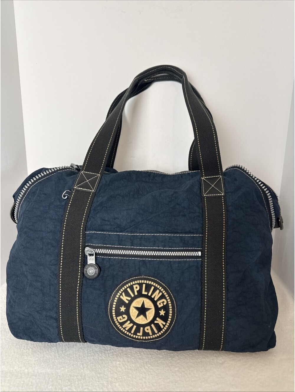 Kipling Vintage Navy Blue Crinkle Nylon Weekender expanding Duffle Travel Bag